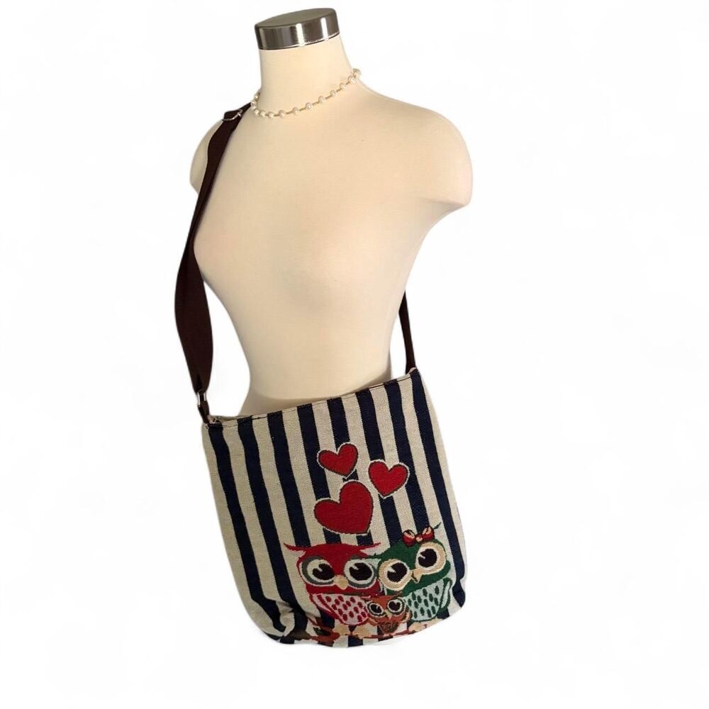 Owl Striped Canvas Crossbody Bag Blue White Whimsy Kawaii Heart Hearts Purse - Picture 5 of 8